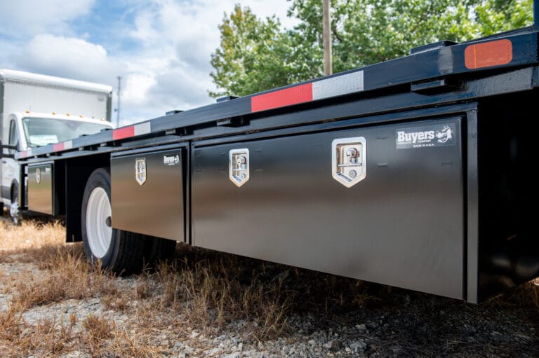 Storage box on flatbed truck
